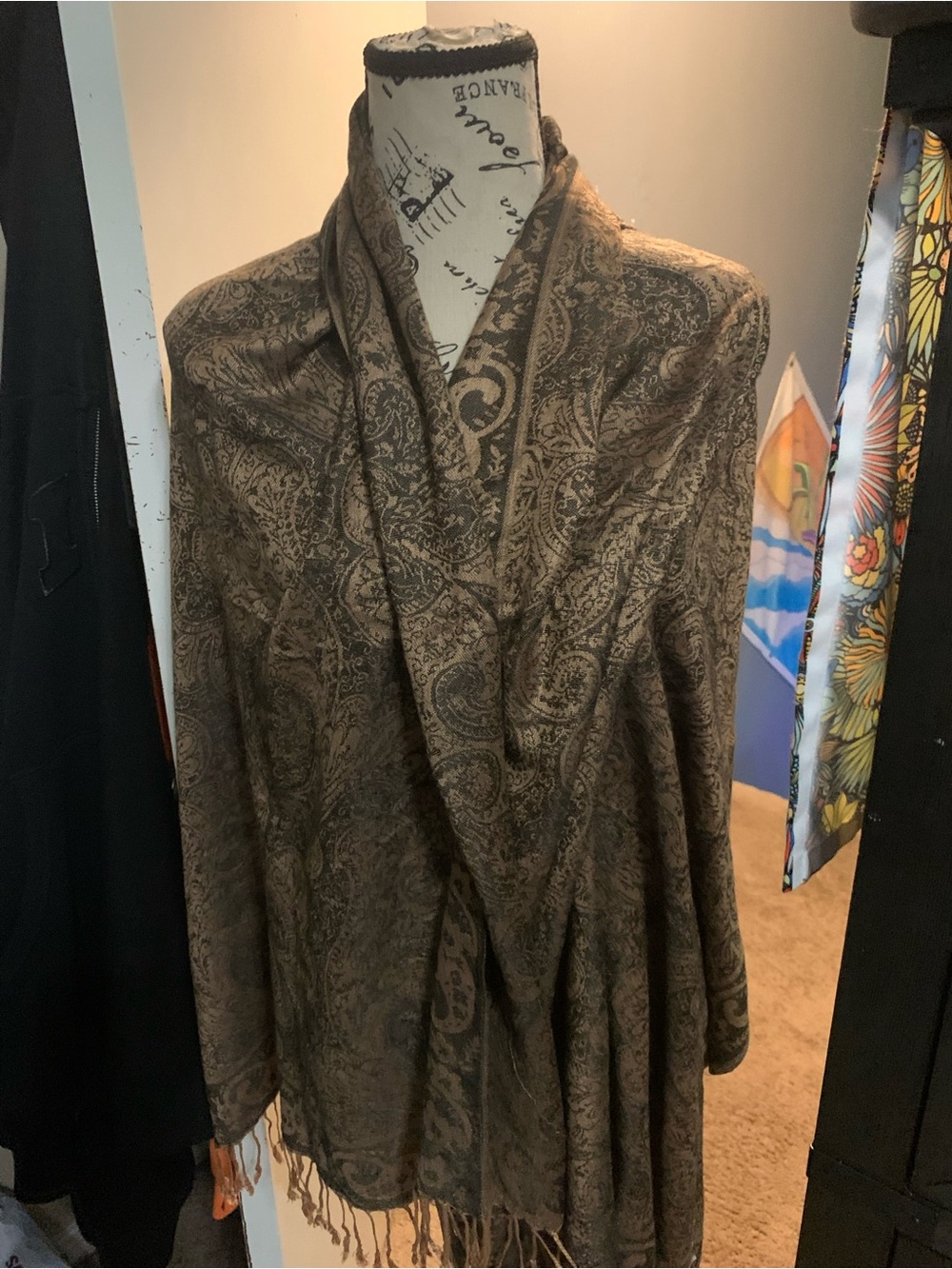 Paisley Fringe Shawl Wrap in Brown